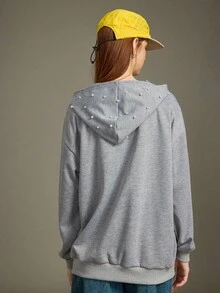 Elnivra Áo nỉ có mũ tối giản phong cách Y2K dành cho nữ, đính hạt ngọc trai giả, dáng rộng, thích hợp cho mùa thu, năm mới, Lễ Tạ ơn, tiệc tùng. - Xám - Xem 2