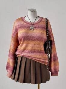 Sunspun Plus Size Women Ombre Striped Long Sleeve Pullover Sweater, Street Fashion, Autumn/Winter - Orange - View 6