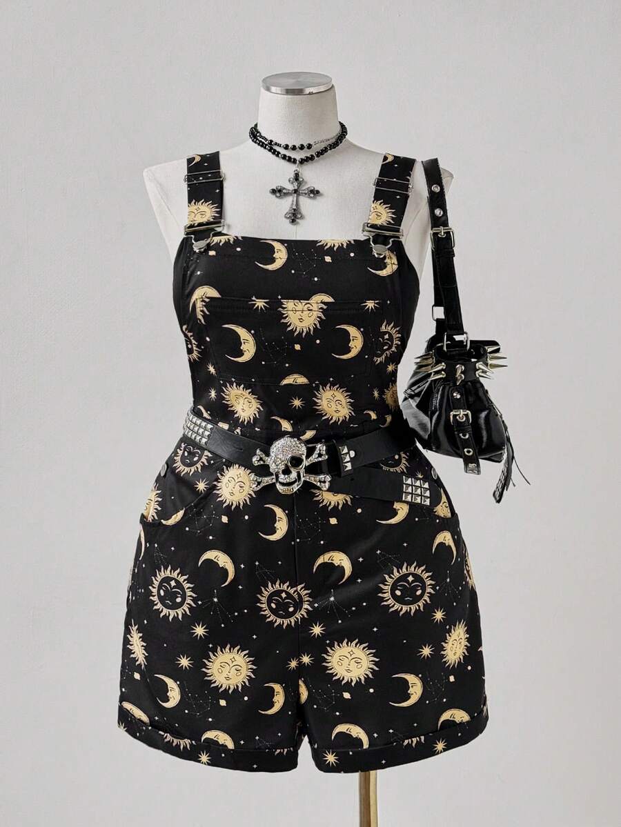 Sunspun Große Größen Lässig Minimalistischer Jumpsuit mit Sonnendruck - Schwarz - Übersicht 1