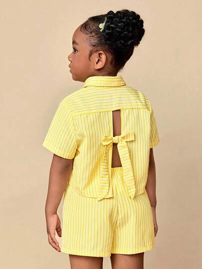 Travachic KIDS Set informal de 2 piezas de camisa y shorts a rayas liso para niñas jóvenes