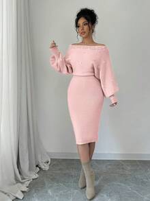 Elenzga Nouvelle robe femme avec décoration de boutons tricotés, manches lanternes, robe décontractée ajustée et sexy - Rose pâle - Voir 5