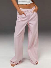 Athîral Women's Casual Asymmetrical Waistband Pink Wide-Leg Jeans, Street Retro Style Trousers, H-Line Silhouette, Pink, Valentine's Day,Vacation - Pink - View 2