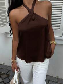 MainGRL Áo thun nữ cổ yếm bằng vải satin trơn màu thời trang tối giản - Màu nâu Sô-cô-la - Xem 7