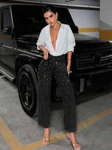 EURMUSE 高腰优雅黑色100%纯棉女士牛仔裤 - 黑色 - 查看 4