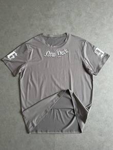 Manfinity ZONE917 Áo thun nam tay ngắn cổ tròn in chữ đơn giản, năng động - Xám - Xem 4