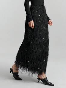 Ontre Women's Black Tassel Sparkly Special Fabric, A Must-Have Party Skirt For Parties And Banquets. Modern Urban Casual Fashion Business Casual Women's Office Wear Low-Key Old Money Style Effortless Temperament High-End Urban Commuting High-Quality Airport Women's Wear - Black - View 3