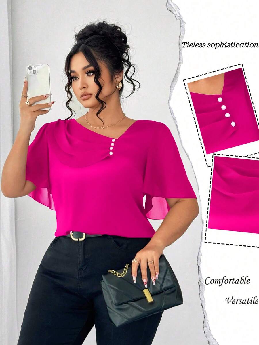 Elenzga Áo cánh tay ngắn thanh lịch cổ bèo nhún bất đối xứng cỡ lớn có nút trang trí - Màu Hồng Tươi - Xem 1