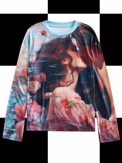 Y2Kool Vecteezy Blusa casual de cuello redondo de manga larga con estampado floral de color block y hombros caídos, estilo sexy Y2K, camisetas gráficas de manga larga de verano, sudaderas con gráficos Gyaru, blusas de manga larga para mujer, blusas de manga larga para primavera, regalos de cumpleaños para mujeres, carnaval