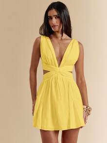 SHEIN BAE 白色雪纺V领露背系带迷你连衣裙，白色连衣裙，毕业礼服，度假连衣裙，春夏款 - 黃色 - 查看 3