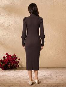 Teen Girls' Solid Color Knit Ribbed Long Sleeve Dress - Coffee Brown - View 2