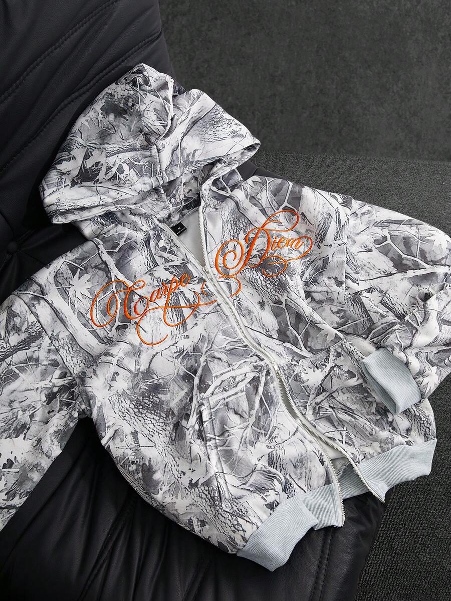 PAVTROS Men's Street-Style Bestselling Bionic Camouflage Hoodie With 3D Embroidered Orange English Text And Fuzzy Collar, Suitable For Outdoor Music Festivals, Casual Outings, Gifts For Boyfriends/Husbands, Anniversary Presents Graphic Jackets Zip Up Acid Wash Hoodie Men S Street Wear Zip Up Jacket Graphic - Multicolor - View 1