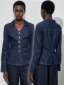 Maija Retro-Style Button-Down Pleated Slim-Fit Blue Denim Shirt For Women,Waist-Cinching Long-Sleeved Shirt - Dark Wash - View 3