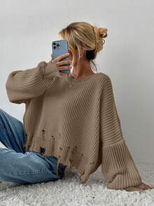 EURMUSE Women's Solid Color Simple Distressed Long Sleeve Sweater - Mocha Brown - View 4