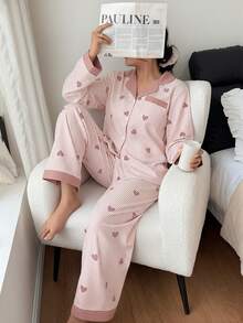 SHEIN Bộ đồ ngủ dài tay kẻ sọc hình trái tim, cổ áo phối màu tương phản, dành cho nữ, thích hợp mặc mùa đông. - Màu Hồng baby - Xem 3