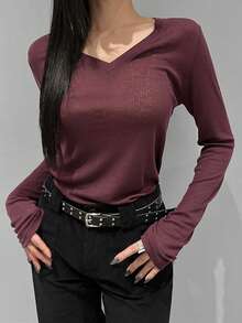 DAZY V-Neck Long Sleeve T-Shirt, Versatile Base Layer Top For Women, Autumn/Winter - Burgundy - View 8