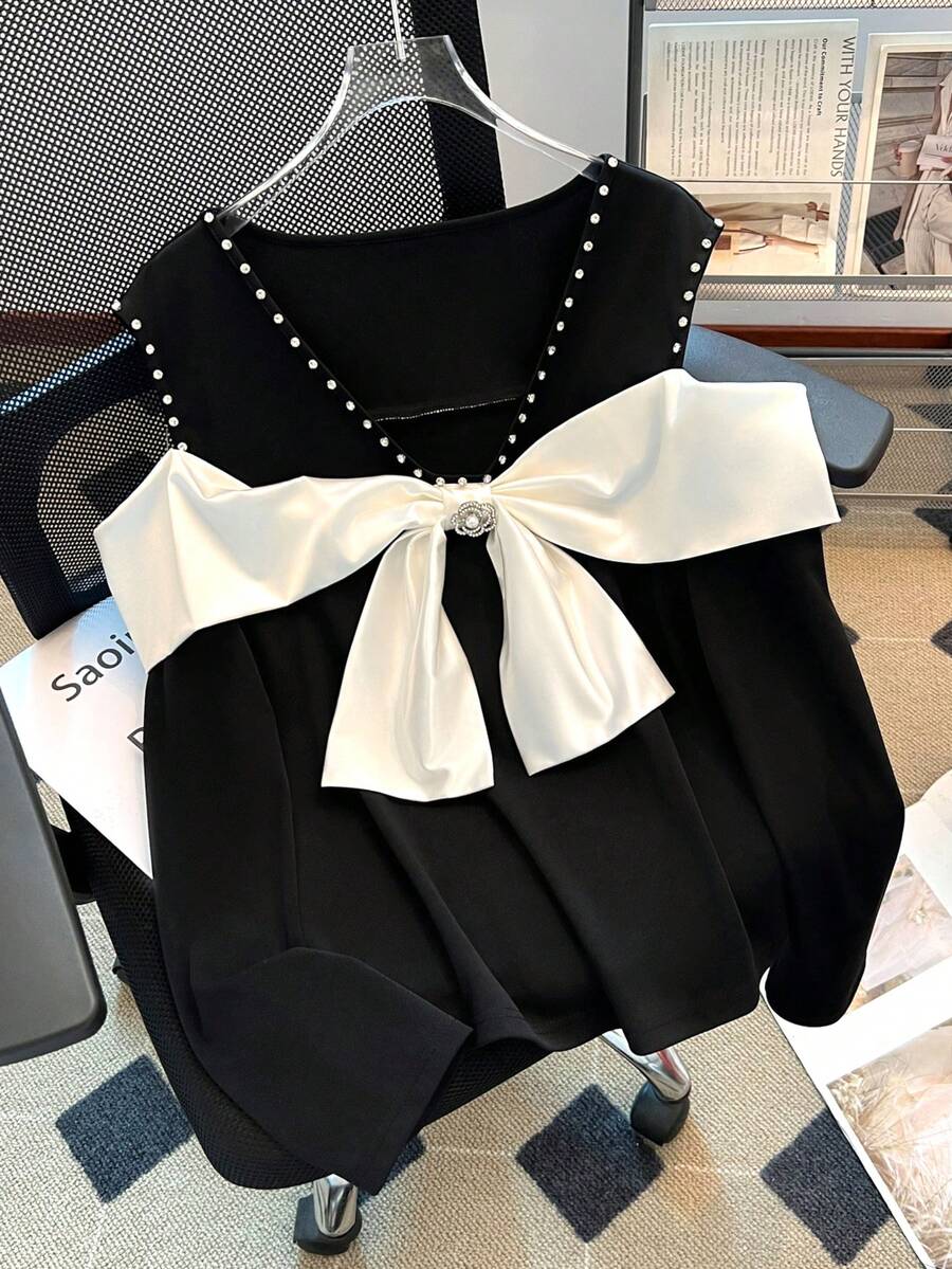 GlowEve CURVE 大码女式优雅奢华拼色衬衫 - 黑色 - 查看 1