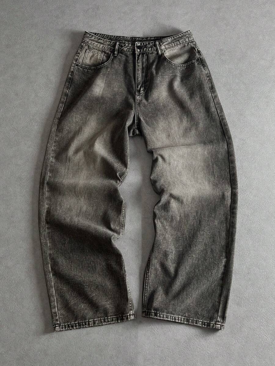 Manfinity ZONE917 男士休闲水洗做旧阔腿牛仔裤 - 淺灰色 - 查看 1