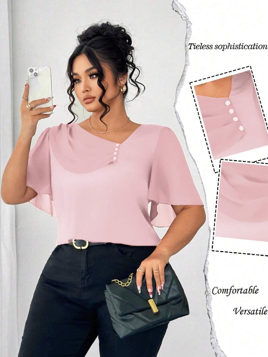 Elenzga 大码不对称荷叶边领纽扣装饰短袖优雅衬衫 - 淺粉色 - 查看 1