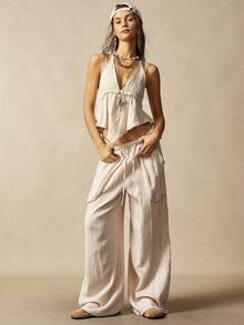 Bohemela 女士纯色编织吊带背心一件 - 杏色 - 查看 3