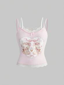 ROMWE Kawaii Spring/Summer Women's Cute Rabbit Bow Print 2 In 1 Outfits Set - Pink - View 8