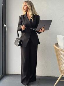 Jeta Ari Women's Basic Lapel NeckLong Sleeve Jacket And Pants Suit, Commuting & Daily Wear In Fall/Winter - Black - View 1
