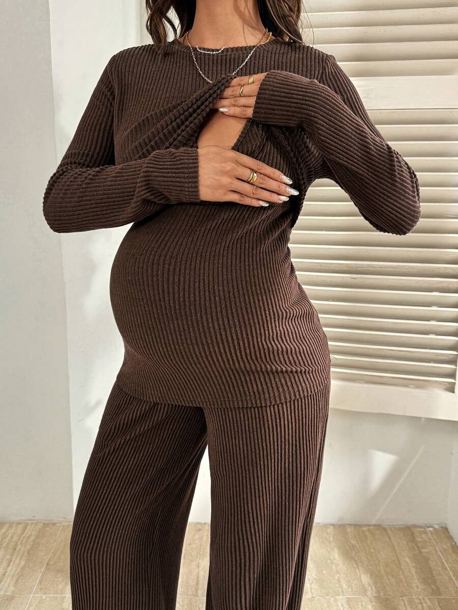 SHEIN Maternity Clothes Nursing Two-Piece Set Spring And Summer Pregnant Clothes Brown Two-Piece Crew Neck Long-Sleeved Shirt + Trousers - Soft, Comfortable, And Casual - Brown - View 1