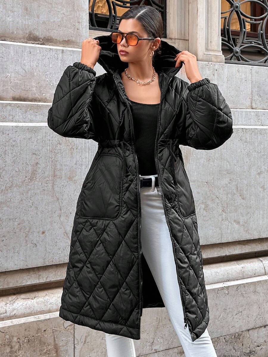 EURMUSE Drawstring Waist Hooded Quilted Coat - Black - View 1