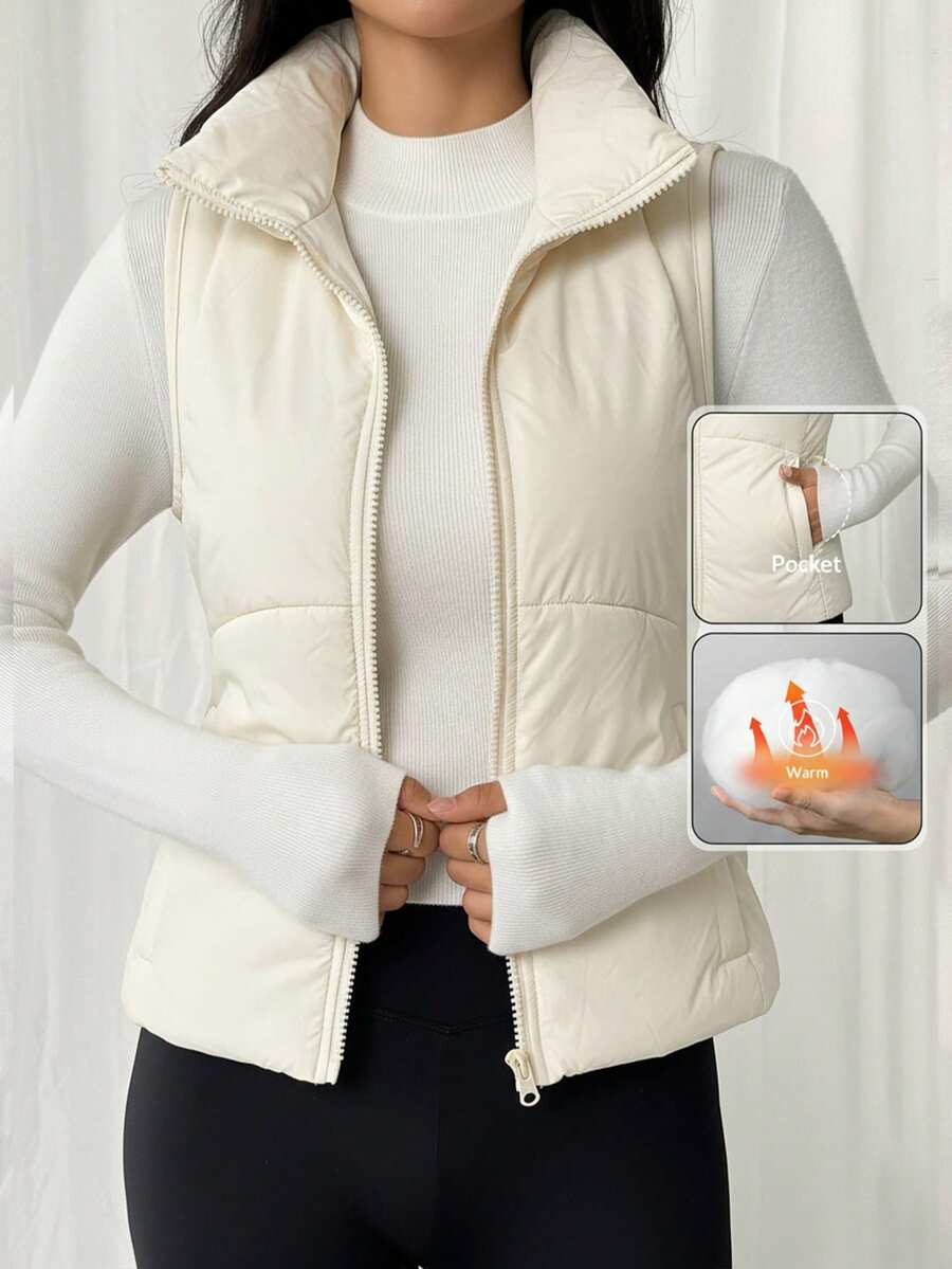 SHEIN EZwear Women's Beige Zip-Up Casual Down Vest Jacket, Winter - Beige - View 1