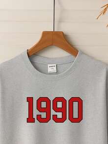 Teen Girl Round Neck Short Sleeve T-Shirt,Red 1990 Numeric Print Casual Daily Wear,Fashionable Minimalist,Summer Graduation Sport Back-To-School - Grey - View 3