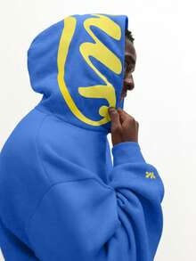 SUMWON Áo hoodie chui đầu dáng suông, có mũ in họa tiết, dây rút, túi giữa, phong cách thường ngày, áo nỉ thể thao mùa đông thu. - Màu xanh lam - Xem 6