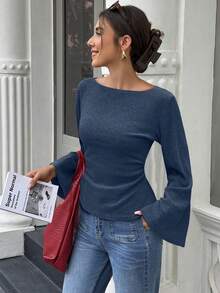 Elenzga Áo len dệt kim họa tiết hoa dáng rộng cỡ tiêu chuẩn dành cho nữ, cổ rộng, vai trễ và tay loe, mùa thu/đông - Màu xanh hải quân - Xem 4