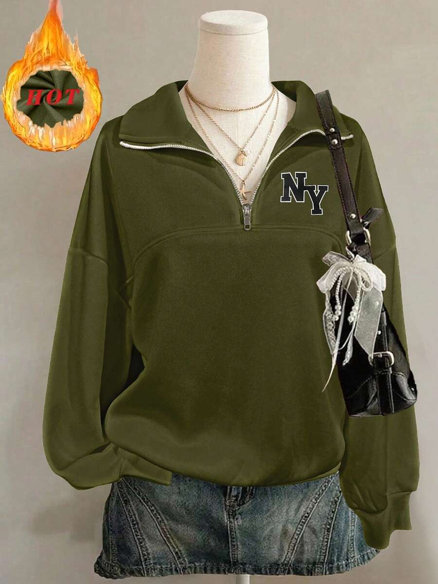 INAWLY Women's Loose Split Half Zip Sweatshirt - Army Green - View 1