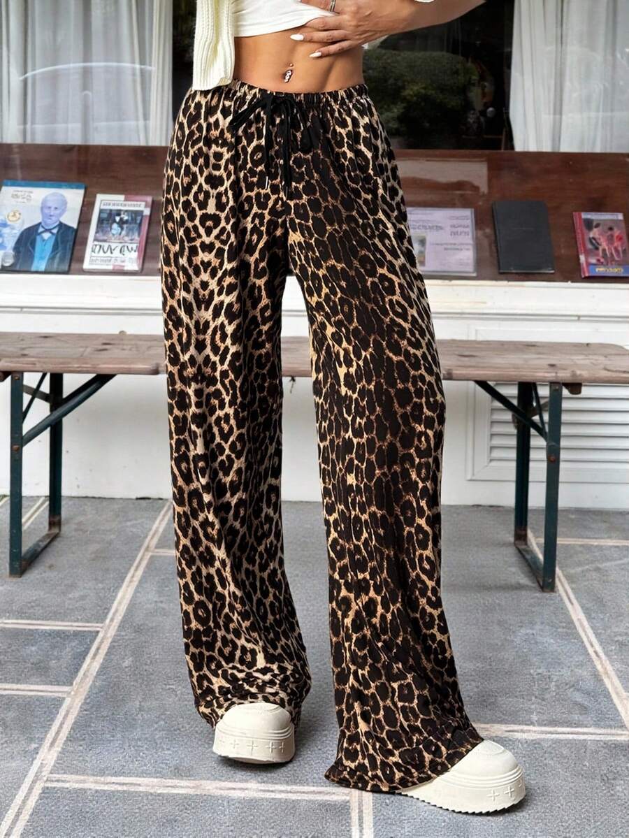 Muchica Autumn New Leopard Print Drawstring Waist Casual Women's Long Pants