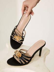 CUCCOO CHICEST 女士优雅浪漫花卉细带圆头细高跟凉鞋，适合正式场合、派对、约会、节日、海滩、鸡尾酒会、万圣节、情人节、感恩节 - 黑色 - 查看 5