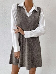 Ritzy Row Women's Solid Color V-Neck Casual Loose Sleeveless Knit Dress - Coffee Brown - View 4