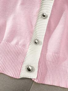 SHEIN LUNE New Slim Fit Stylish Color Block V-Neck Cardigan For Women, Chic & Versatile, Spring/Autumn - Dusty Pink - View 6