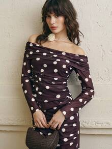 Cévolie 女士波点印花露肩长袖上衣和开衩裙套装 - 彩色 - 查看 5