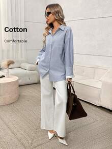 Easowa Áo cánh cotton trắng cổ tay trắng họa tiết sọc xanh trắng dành cho nữ, dáng rộng, cổ áo sơ mi hở phía trước, tay dài, thường ngày, thích hợp mặc hàng ngày, đi chơi, đi làm và đi làm, có túi - Xanh và trắng - Xem 7