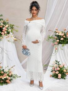 SHEIN 孕妇时尚提花针织连衣裙 - 白色 - 查看 6