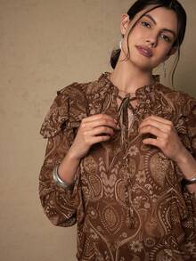 Freevana Blusa de manga farol con cuello de lazo, volantes y estampado floral de anacardo para mujer de talla grande, en color marrón, estilo bohemio, ropa de mujer de estilo campestre con estampado de paisley