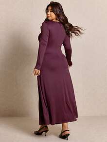 Elaquor Plus Size Women Casual Solid Color Long Sleeve Ruffle Waist Dress - Violet Purple - View 2