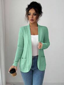 EMERY ROSE 女士休闲罗纹拉绒开襟侧袋夹克，轻薄薄荷绿外套 - 綠色 - 查看 5