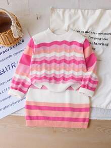 2pcs/Set Girls Sweater Co-Ord Set, Pink Rainbow Striped Knitted Sweater And Skirt, Comfortable For Autumn/Winter Wear, Suitable For School, Daily, Party, Versatile And High Value Long Sleeve Dress For Kids Kids Sweaters For Girls Jumper For Girls Girl Clothes Autumn And Winter Clothes Autumn And Winter Young Girls Drease - Pink - View 9