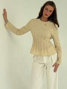 Aloruh Khaki Round Neck Raglan Sleeve Gathered Waist Fashionable Elegant Pleated Shirt - Khaki - View 7