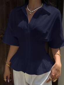 SHEIN EZwear Marinblå vävd kortärmad skjorta med samlad midja för kvinnor - Marinblå - Visa 9