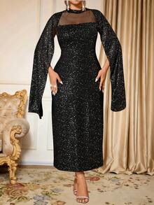 Allurite Plus Size Solid Color Mesh Patchwork Fitted Elegant Dress - Black - View 6