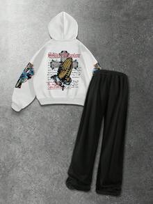 ROMWE MEN Ensemble sweat-shirt à capuche en polaire avec imprimé croix pour hommes - Blanc - Voir 2