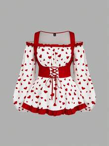 Sweetra Áo cánh thắt eo dễ thương họa tiết trái tim ngày lễ tình nhân cỡ lớn - Đỏ - Xem 1