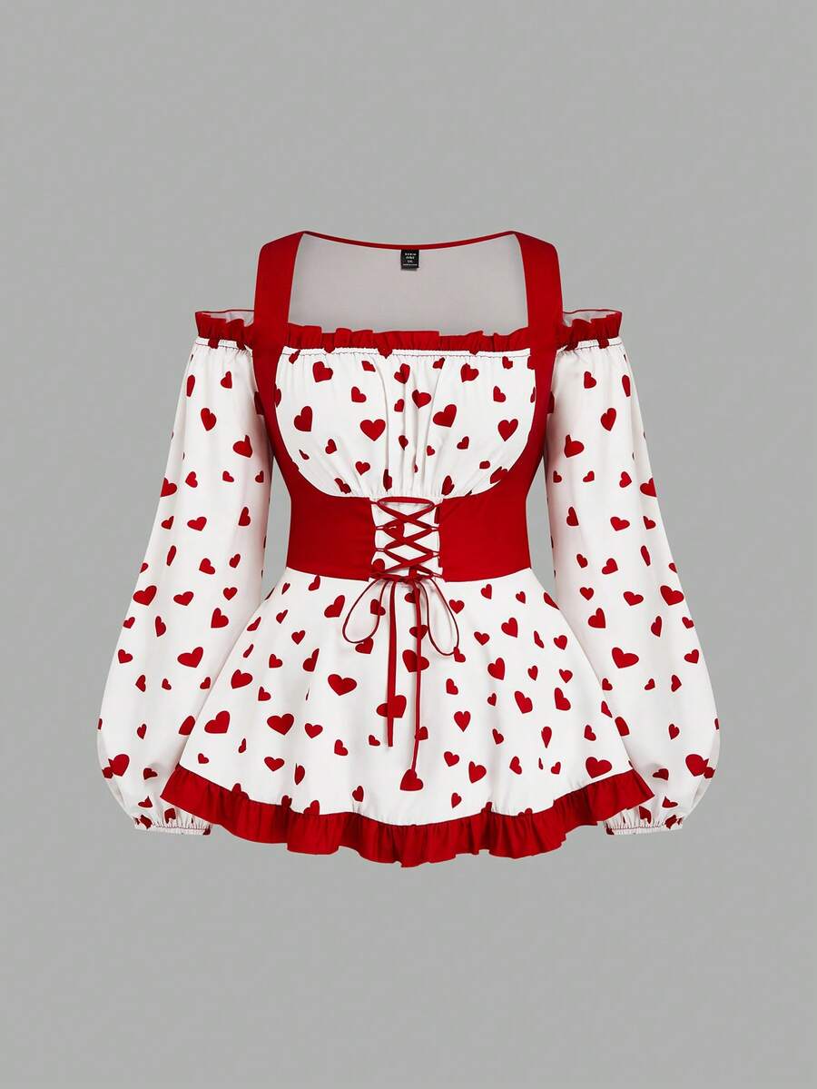 Sweetra Áo cánh thắt eo dễ thương họa tiết trái tim ngày lễ tình nhân cỡ lớn - Đỏ - Xem 1
