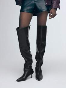Mnmlis Damskie czarne zamszowe kozaki za kolano z noskiem w szpic, na wysokim obcasie, modne na jesień/zimę - Czarne - Zobacz 6